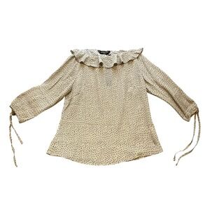 Allegra K Blouse Womens Extra Small Taupe‎ Polka Dot Ruffle Neck Bow Sleeves NWT